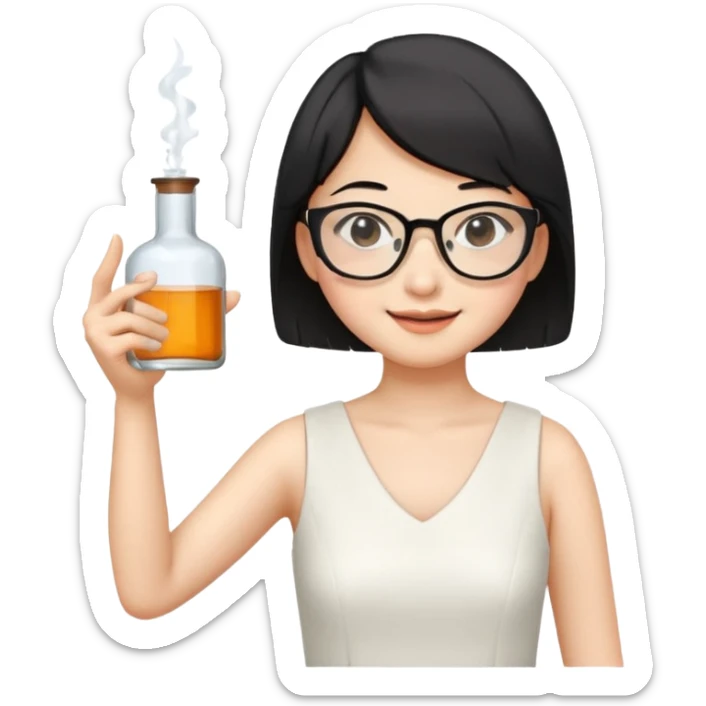 asian teacher with a white dress holding a flask with retangle glasses and black short hand make her smile and point to the right with her other hand sticker
