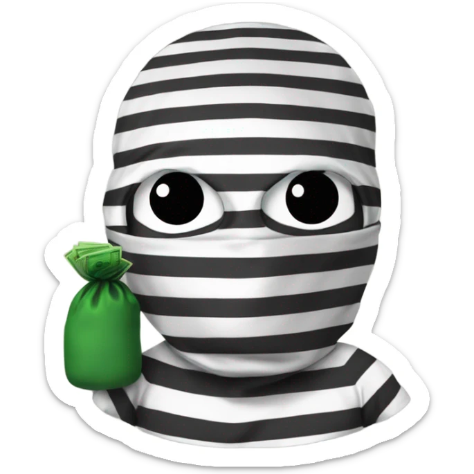 robber emoji with bag of money over shoulder, a ski mask and a stripped shirt sticker