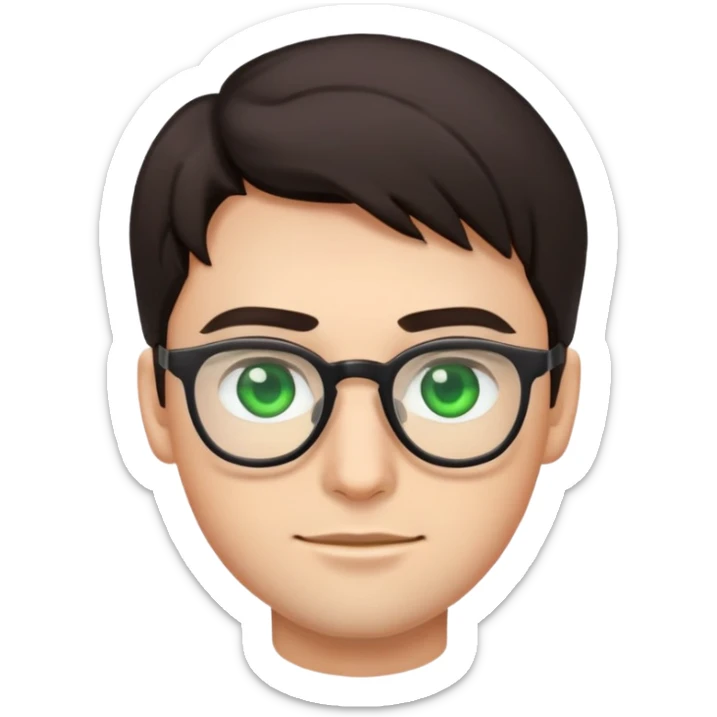 simple young male emoji with dark hair, glasses, green eyes, slight stubble sticker