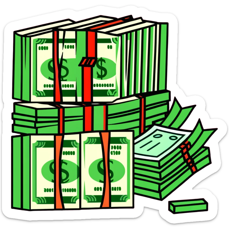 green upward arrow next to progressively taller stacks of dollar bill packs wrapped with bands sticker