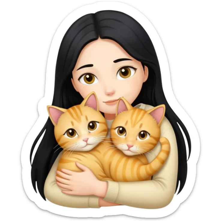 A girl with long black hair hugs a golden tabby cat sticker