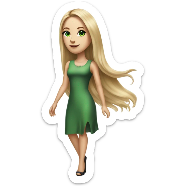 Realistic White girl with Long straight blonde hair, green eyes, tattoos, full body wearing dress and High heels , walking sticker
