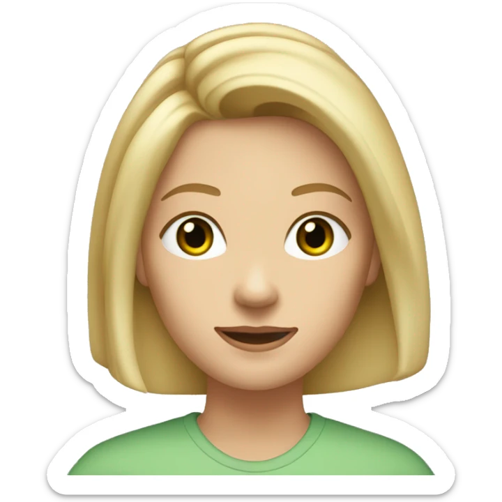 A woman with shoulder-length, blonde hair, green eyes, and fair skin. She is wearing a light-colored shirt and has a neutral to slightly smiling expression. She wears two earrings at the top of her right ear and one earring in each ear. sticker