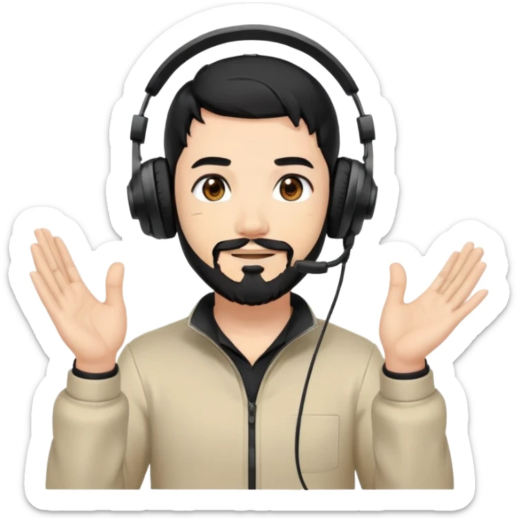 Anime style man with black hair, brown eyes, and black beard wearing gaming headset and applauding, anime art style sticker