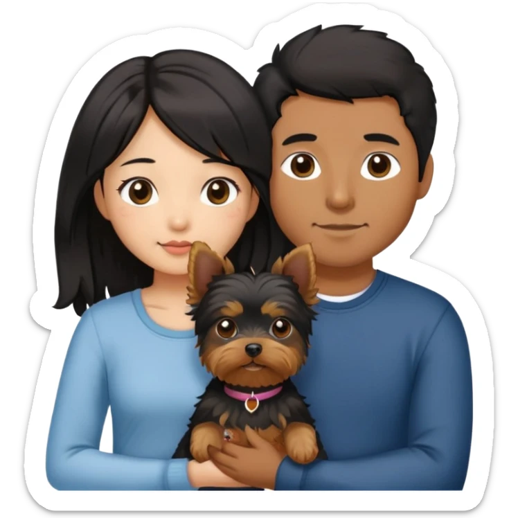A couple holding holding a small Yorkshire Terrier together. The girl is an Asian girl with long, luscious wavy black hair (loose, no hair tie). She is standing beside a brown-skinned man with a short middle part haircut.  sticker