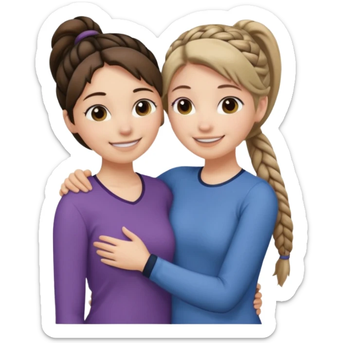 Comforting Hug two white skin women, one shorter woman with medium brown simple top ponytail, not braided, and one taller woman with a single long black side braid sticker