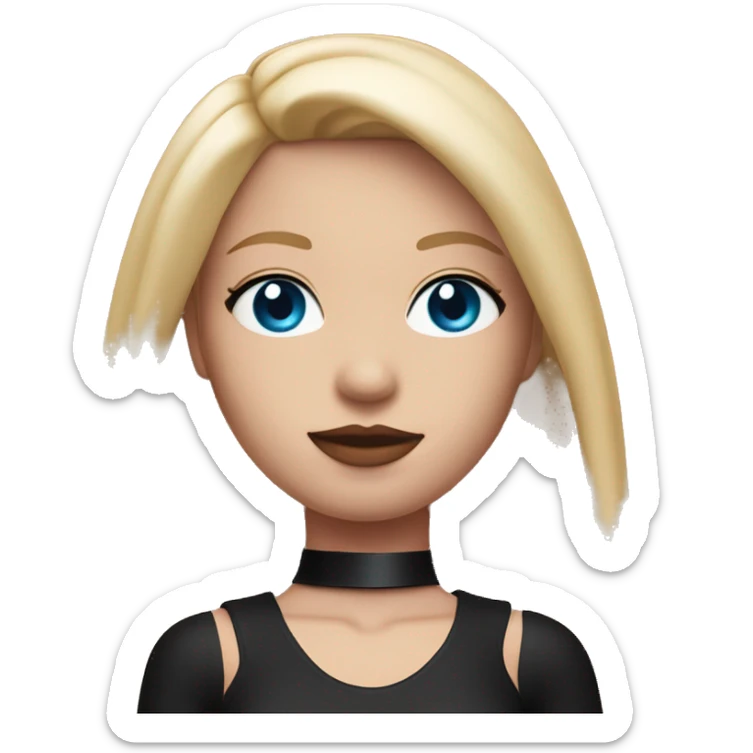 Woman with blue eyes, pink lips and long blonde straight hair. black swimsuit. black collar with metal ring around neck sticker