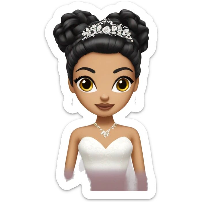 Bratz, bride, black updo hair, olive skin, hazel almond cat eyes sticker