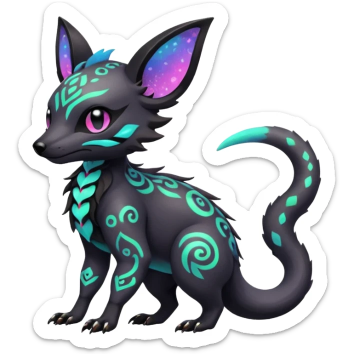 Rare neon iridescent white exotic cute epic aesthetic gothic colorful Salandit-Eevee-Civet-species-Fakemon-hybrid-creature, with intricate tattoo markings, full body sticker