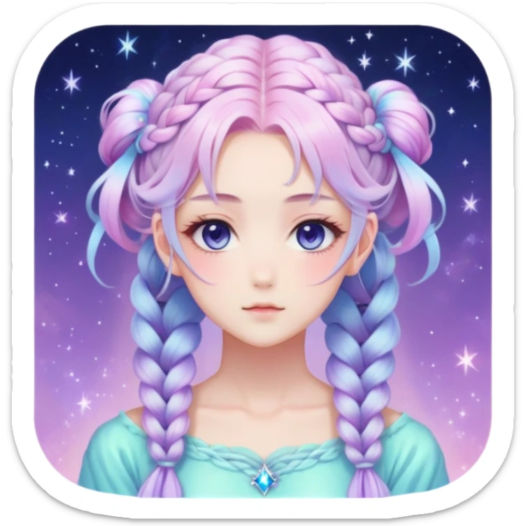 Beautiful gorgeous anime lady with beautiful iridescent-nebula-braided-hair, fashion aesthetic, ethereal, fairycore, pastelcore sticker