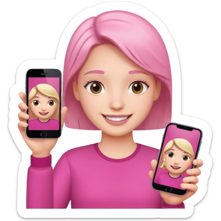 pink video call between one person holding the phone with a person on the phone screen sticker