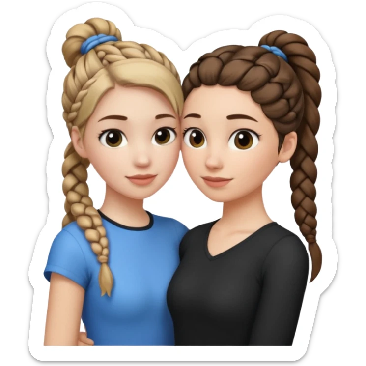 Hug two white skin women one taller with braided black side ponytail and one shorter with light brown hair in top ponytail  sticker