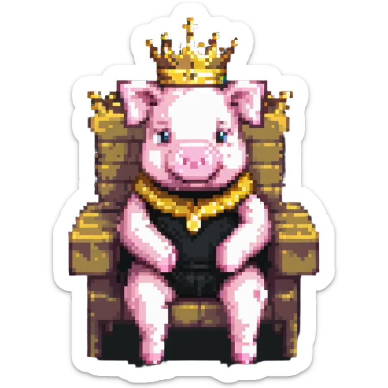 cartoon-like playful pixel art pig with a golden crown sitting on a throne, blocky and square like Minecraft, very few pixels, simple and charming sticker