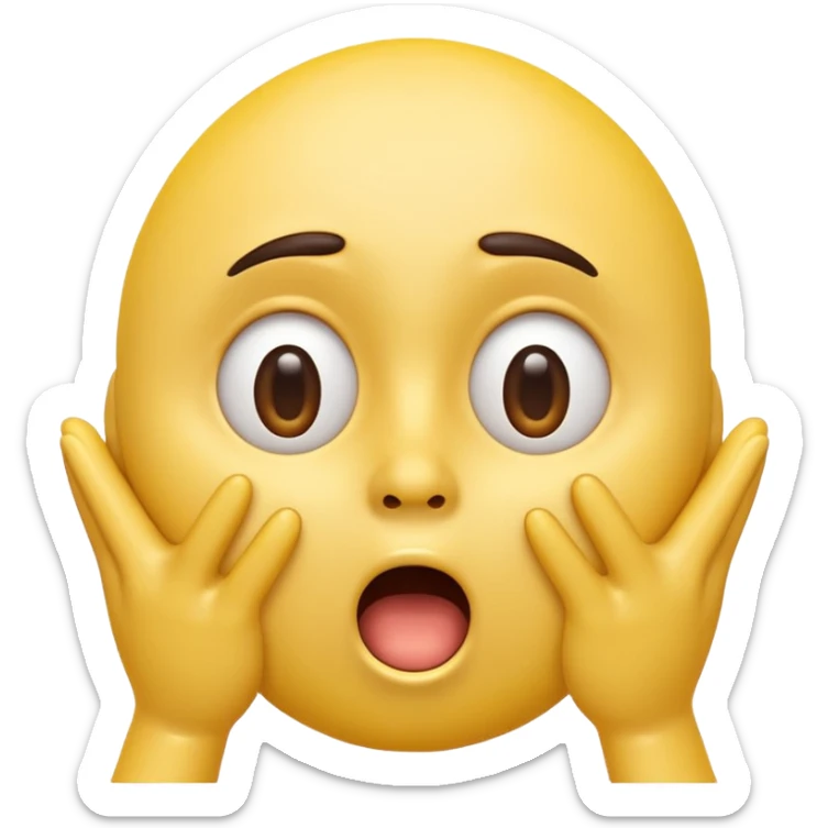 A 3D glossy yellow emoji of a shocked horrified face with no nose, with mouth and eyes are wide open, eyebrows  raised, and hands against their cheeks, black background, high quality, soft studio lighting sticker