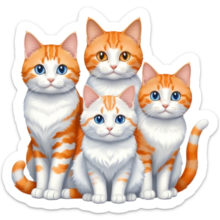 3 cats 1 orange white chest white mitts main coon. 1 american shorthair tucedo. 1 american shorthai lue eyes creame coat orange swirls sticker