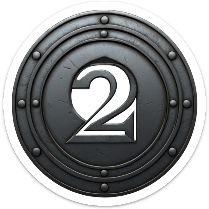 Minimal emoji, gothic metal coin made of black steel, engraved number 2 at the center, ancient industrial aesthetic, worn metal texture, no glow, no neon, flat emoji design, centered, transparent background sticker