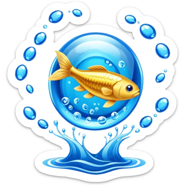 Golden omega-3 fish oil capsule with small fish swimming around it, blue liquid waves, brain and heart benefits visualization sticker