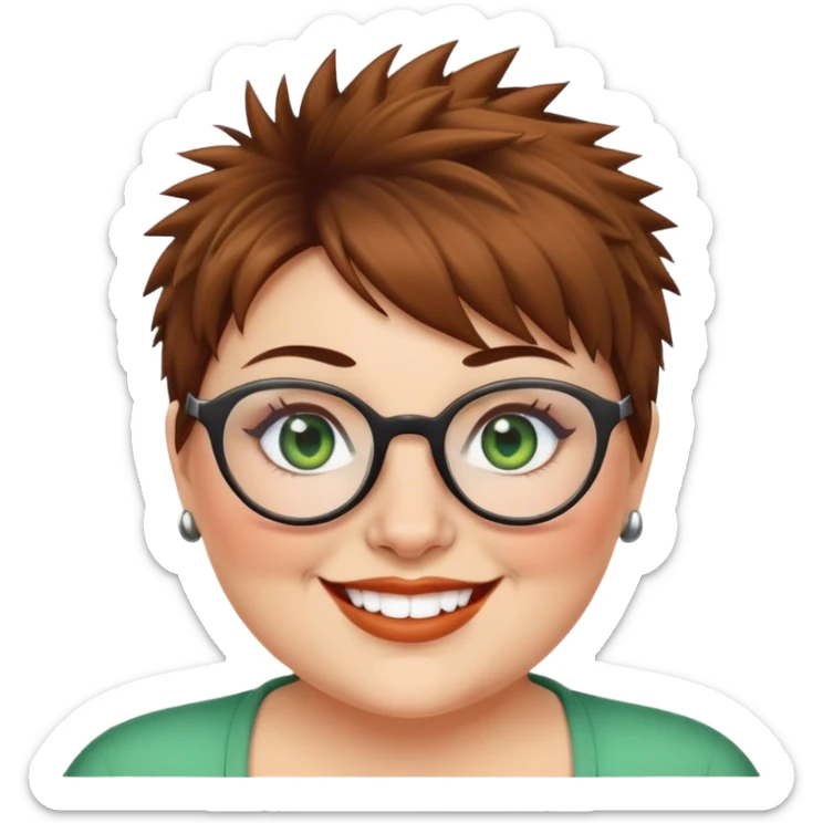  plus size white women round nose with short  brown shaggy spiked hair wearing glasses green eyes smiling sticker