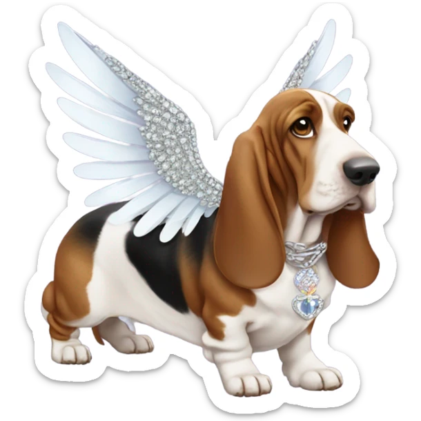 Elderly Basset hound with angel wings, wearing a large letter D bling necklace sat amongst flowers  sticker