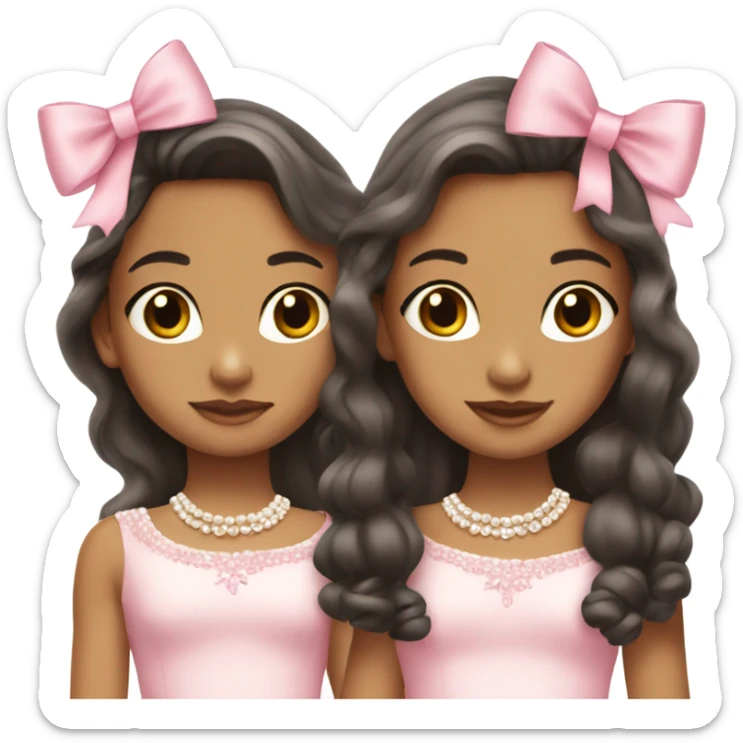 two teenage Latina twins. pink. Long hair. Pink bows. Pearls. Light pink. Diamonds dress. sticker