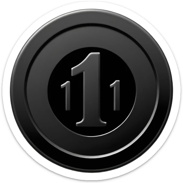 Emoji icon of a black coin with engraved number 1, minimalist style, isolated sticker
