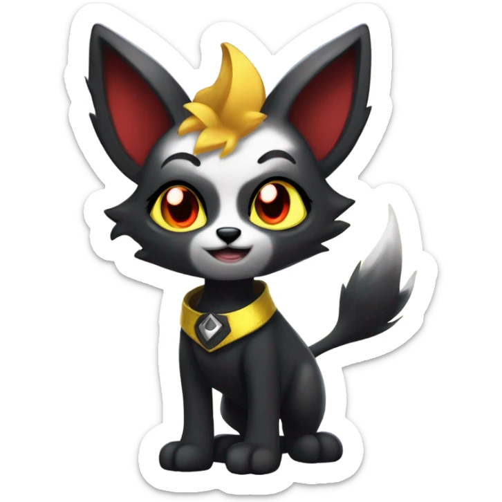 black Shiny Fionbri-Falvie-sparkle-sona with yellow eyes, red edgy markings full body fursona  sticker
