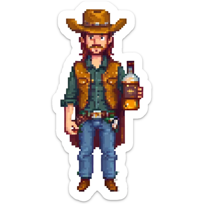 A sticker of a cowboy with a bottle of whiskey sticker