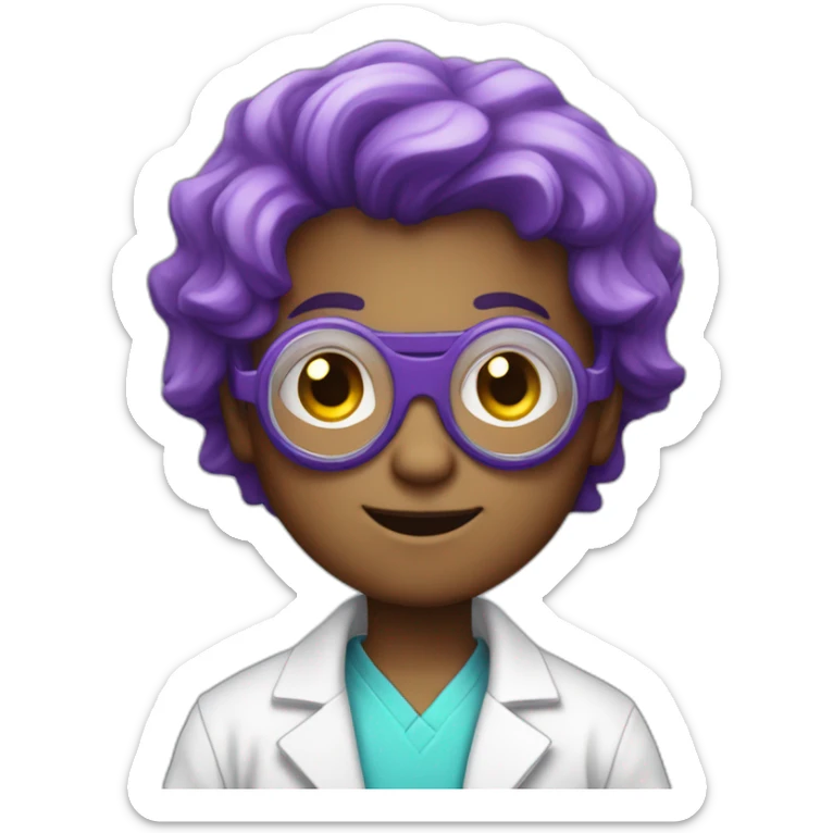 A young boy with a lab coat and blue undershirt with purple hair and goggles in the style of the mad scientist sticker