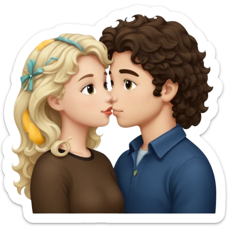 White Italian boy with dark brown wavy fluffy hair and blonde girl that's pale with wavy hair kissing sticker