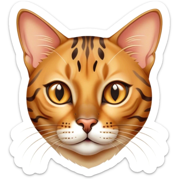 Cinematic Bengal Cat Portrait Emoji, Elegant and striking, sleek spotted brown and gold tones, Simplified yet sharp features, highly detailed, glowing with a warm, confident glow, high shine, playful and curious, stylized with an air of grace, focused and attentive, soft glowing outline, capturing the essence of agility and confidence, so lifelike it feels as though it could spring into motion at any moment! sticker