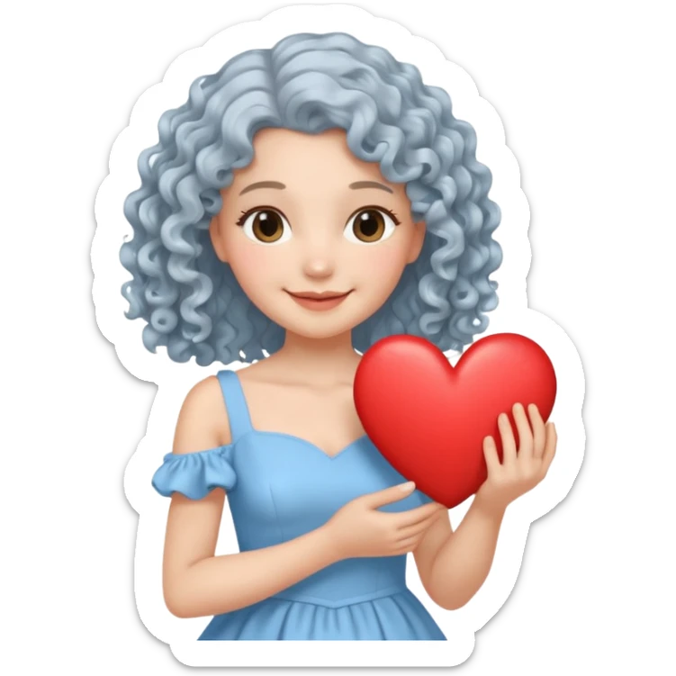 silvery curly/wavy shoulder-length hair smiling lady holding a heart less hair sticker