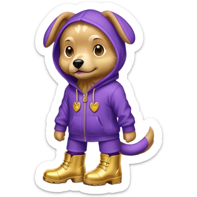 Purple dog wearing a gold hoodie and gold boots sticker