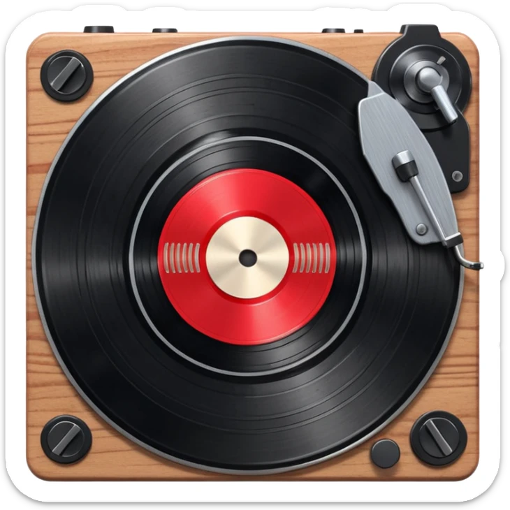 3D render of Vinyl Record, vintage 1980s audio equipment aesthetic, tactile analog buttons, shiny black grooved disc with a red center label, mixed wood grain and brushed aluminum textures, Apple emoji style, isolated on white background --v 6.0 sticker