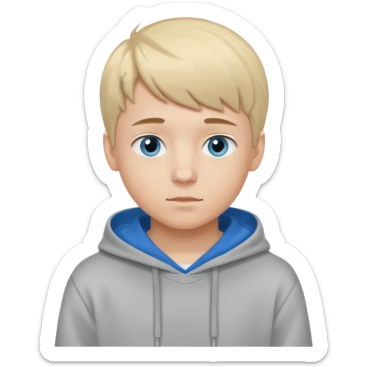 Teen boy with blue eyes and Grey hoodie standing up with blond short hair and short bangs sticker