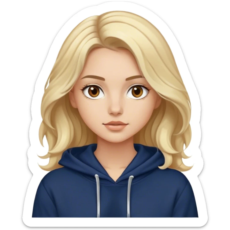 Luxury blonde model, brown eyes, soft sleek wavy hair, wearing a navy hoodie sticker