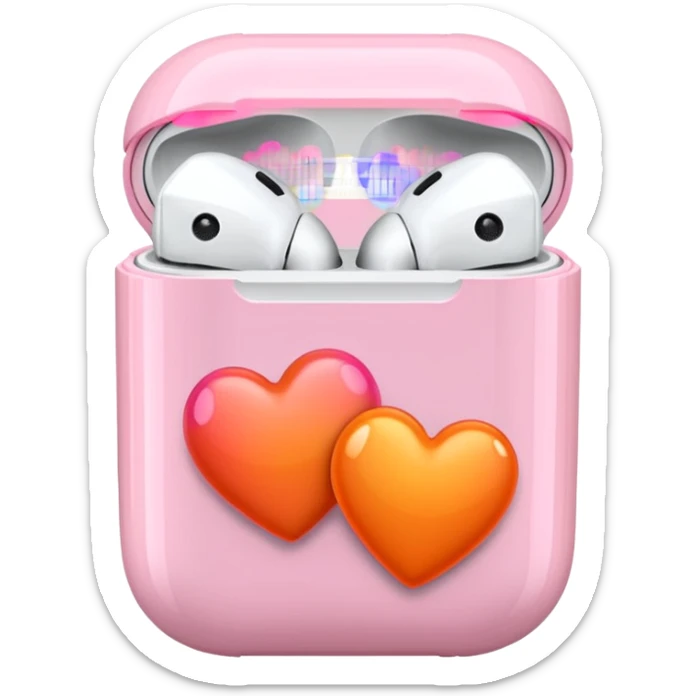 an airpods case filled with two pink and orange hearts instead of headphones sticker