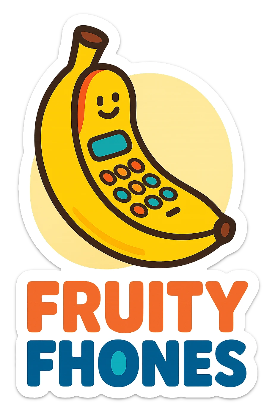Fruity Fhones logo, a phone shaped as a banana, fun and inviting, for a kids' phone brand sticker