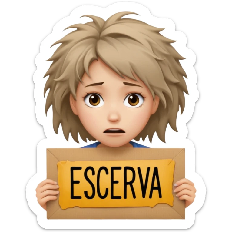 Sad realistic emoji of a young woman with messy hair, holding a cardboard sign that says "ESCREVA-SE", emotional begging expression, cinematic lighting, shallow depth of field, soft blurred background, high detail, viral social media style sticker