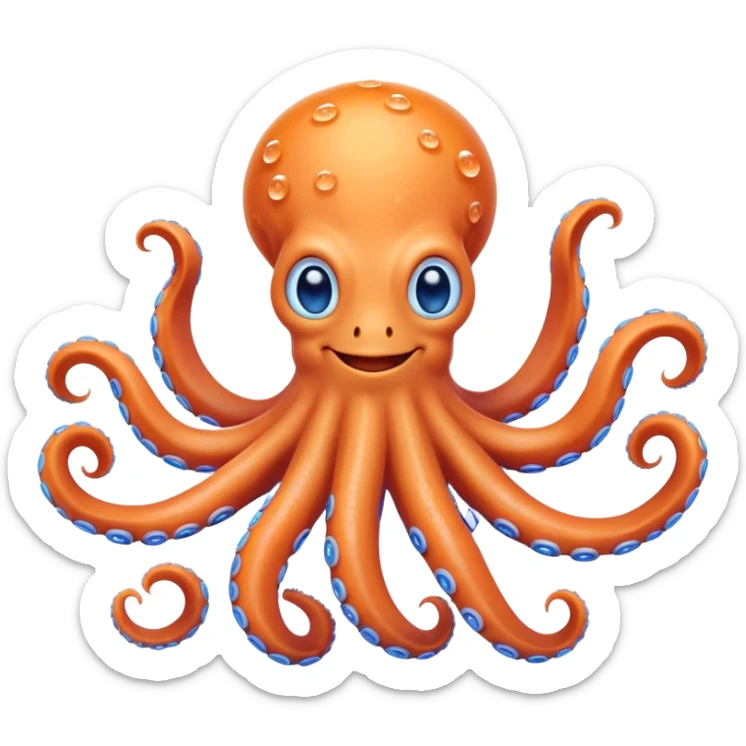 Cinematic Noble smiling Octopus Portrait Emoji, Poised and enchanting, with a light orange body adorned with vibrant blue rings and eight delightfully curling arms with gentle suckers, large sparkling eyes exuding warmth and playfulness, Simplified yet charmingly expressive features, highly detailed, glowing with a soft, magical underwater radiance, high shine, intelligent and irresistibly cute, stylized with an air of whimsical marine enchantment, focused and fluid, soft glowing outline, capturing the essence of a watchful and endearing octopus that appears ready to float out of the screen with delightful charm! sticker