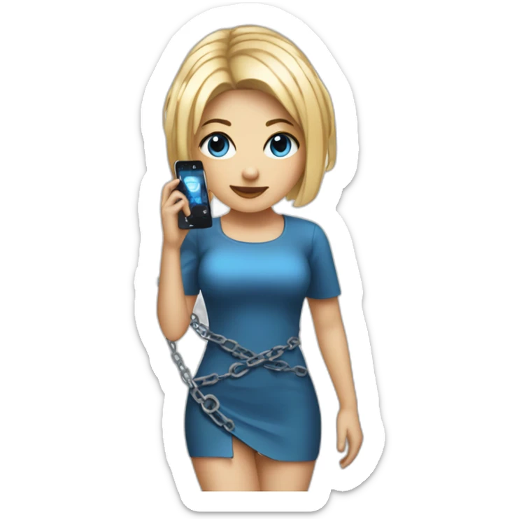techno music girl with very short blue dress and square blonde haircut and chained phone sticker