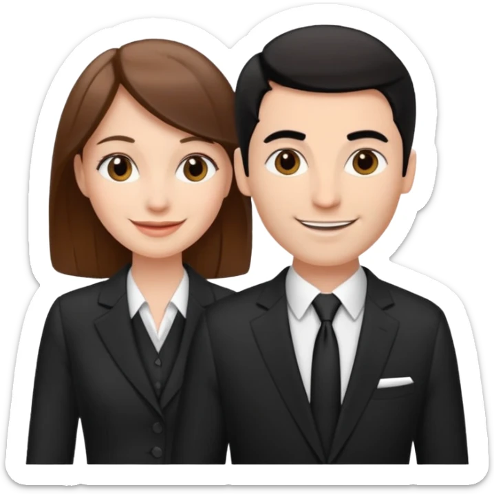 white woman with brown hair and white man with black hair in suits partnership sticker