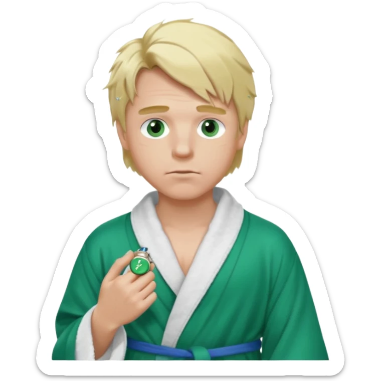 A white man with green eyes, medium-length blond hair, a blue Cartier watch on his wrist, and a black and white bathrobe. His hair is messy, and he has a white pacifier in his mouth. sticker