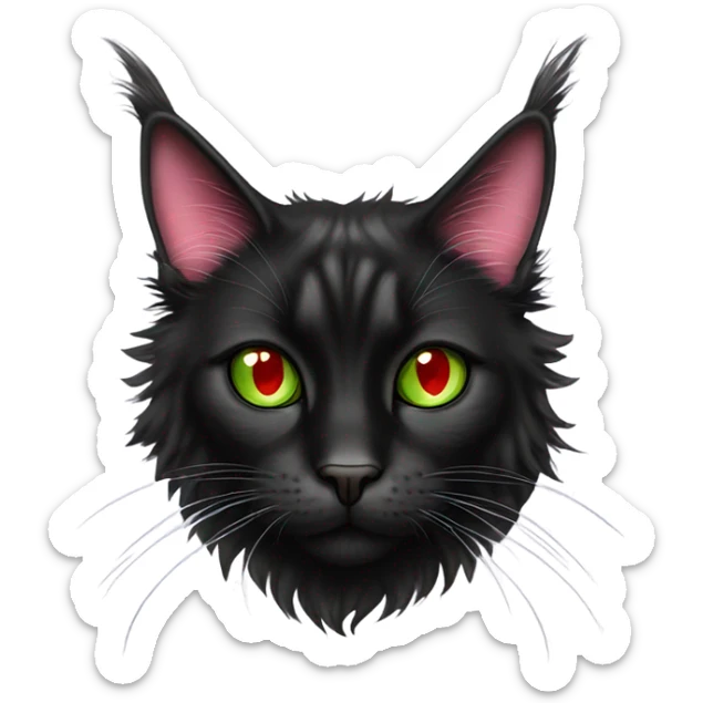black mainecoon cat with one green eye and one red eye with scar over it and a pink nose and piercings on ears sticker