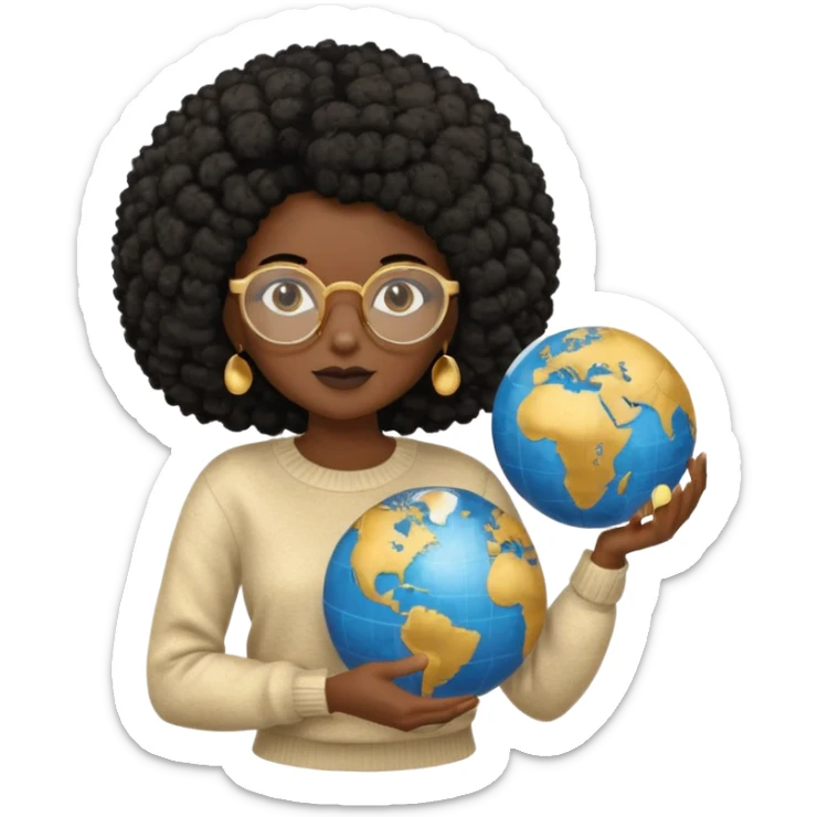 a young woman wearing gold round glasses and black afro hair, she has medium-dark skin, she's wearing a sweater and she's holding a globe in her hand sticker