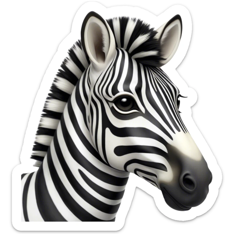 Cinematic Noble Zebra Portrait Emoji, Poised and regal, with a lean, elegant build, a long, graceful equine snout and striking fur of bold black and white stripes, deep-set soulful piercing eyes, Simplified yet sharp and sophisticated features, highly detailed, glowing with a soft, dignified glow, high shine, intelligent and graceful, stylized with an air of savannah chic, focused and attentive, soft glowing outline, capturing the essence of a watchful and confident equine that feels as though it could gallop out of the screen with effortless authority! sticker