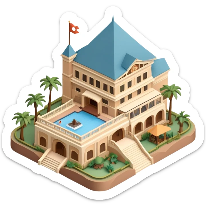 Isometric exterior Walt Disney World Animal Kingdom safari resort hotel, dollhouse style 3D realistic  sticker