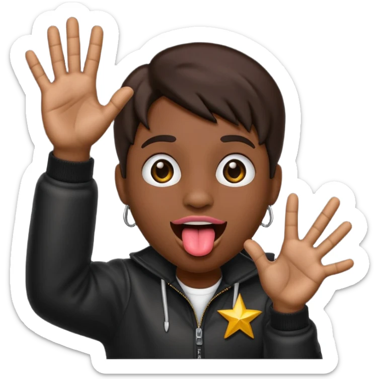 Black emoji sticking out tongue and holding up rockstar hands sticker