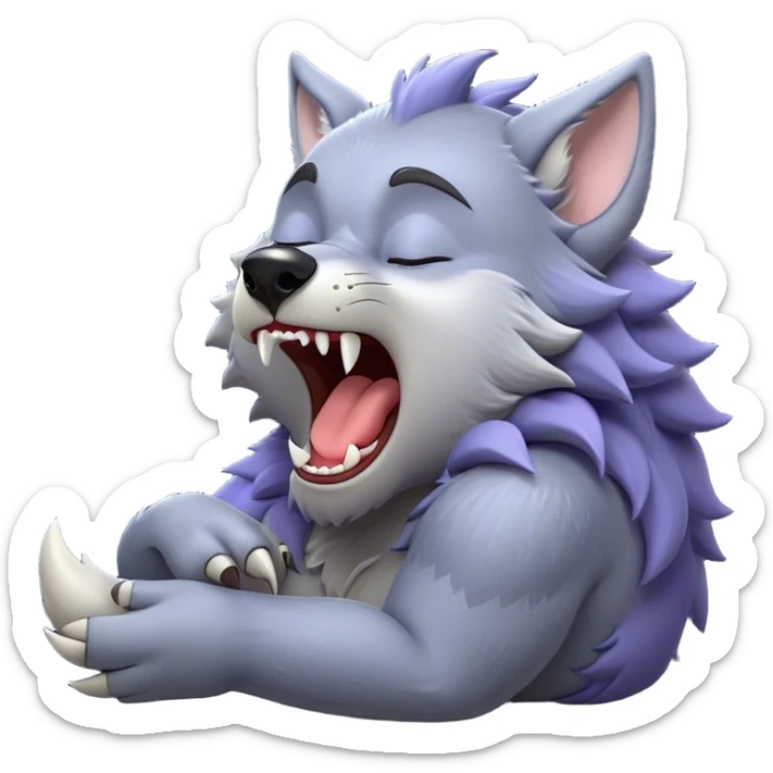 Cinematic Cute Yawning Werewolf Portrait Emoji, with a cuddly, miniature lupine form in soft moonlit grays and silvers, head leaning back in a big, adorable yawn that reveals a few fuzzy teeth, simplified yet irresistibly charming, highly detailed with a soft glowing outline that captures the drowsy, playful essence of a werewolf mid-nap! sticker