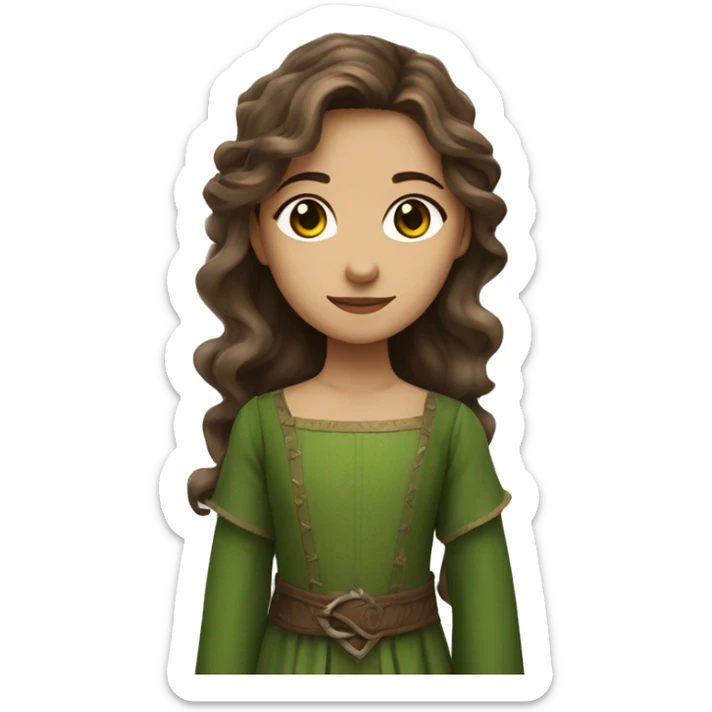 girl with brown long wavy hair, brown eyes, green medieval dress sticker