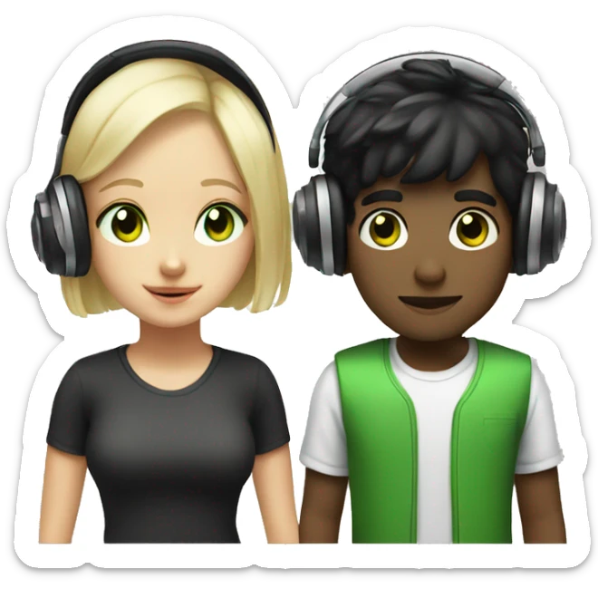 black hair boy and blonde girl green eyes with headphones sticker